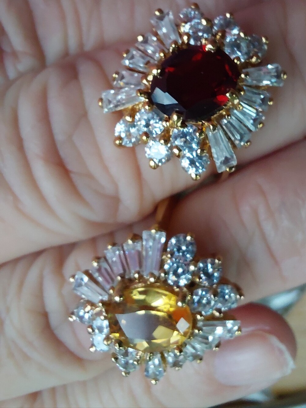 Vintage Sunburst Cocktail rings 925 Sterling/GT Ballerina Cut Ruby & Citrine 7.5